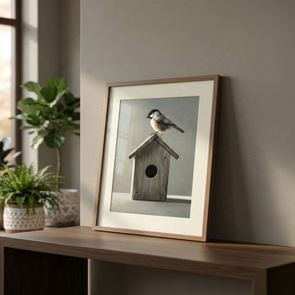 Framed fine art print of a chickadee perched on a rustic wooden birdhouse, displayed on a dark wood surface.