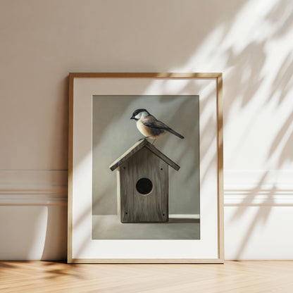 Fine art print of a chickadee perched on a rustic wooden birdhouse, framed in light wood.