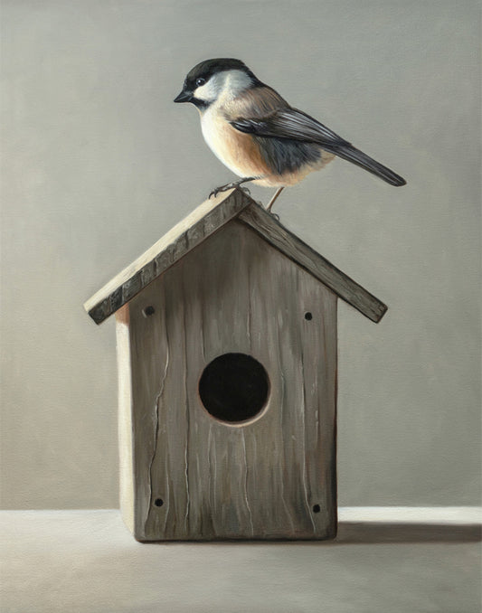 Fine art print of a black-capped chickadee perched on a rustic wooden birdhouse.