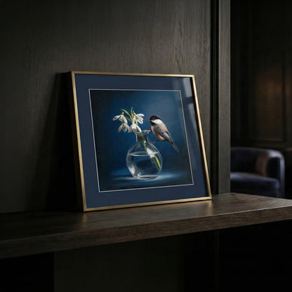 Fine art print of a chickadee perched on a clear vase with white snowdrop flowers, framed in gold.