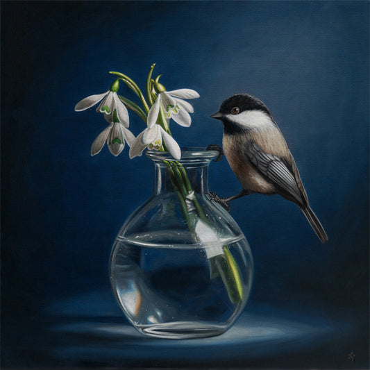 Chickadee & Snowdrop Flowers • 14 x 14