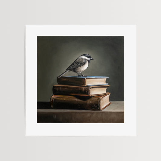 Chickadee & Vintage Books Fine Art Print by Lauren Pretorius: a Chickadee on top of a trio of vintage books.