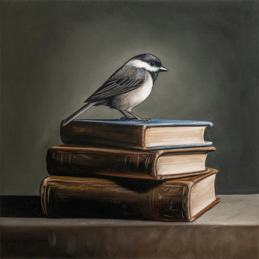 Chickadee & Vintage Books Fine Art Print by Lauren Pretorius: a Chickadee on top of a trio of vintage books.