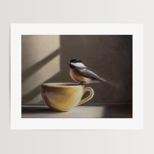 Chickadee & Yellow Cup Fine Art Print by Lauren Pretorius: a chickadee perched on the edge of a yellow cup.