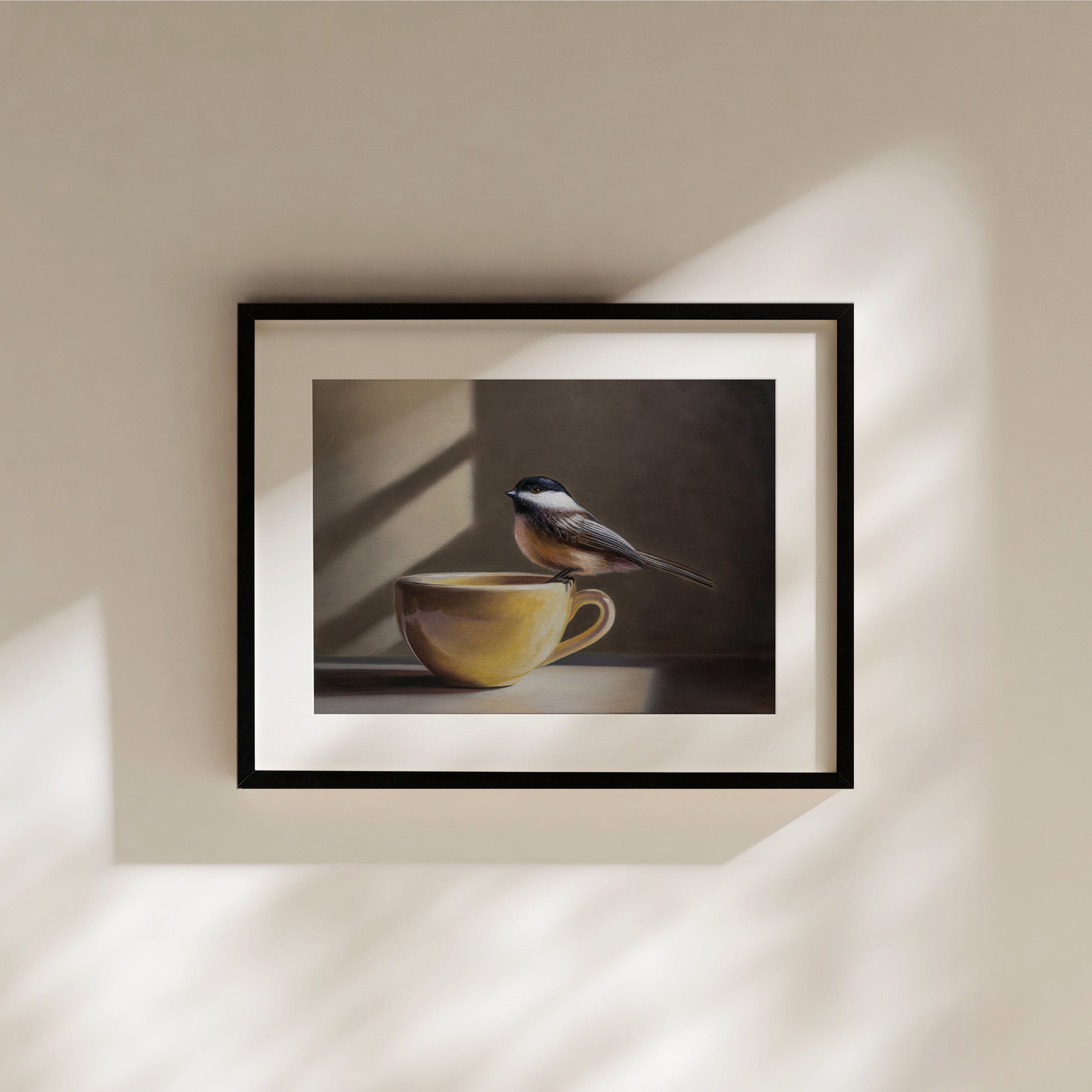 Chickadee & Yellow Cup Fine Art Print by Lauren Pretorius: a chickadee perched on the edge of a yellow cup.