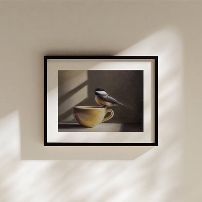 Chickadee & Yellow Cup Fine Art Print by Lauren Pretorius: a chickadee perched on the edge of a yellow cup.