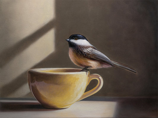 Chickadee & Yellow Cup Fine Art Print by Lauren Pretorius: a chickadee perched on the edge of a yellow cup.