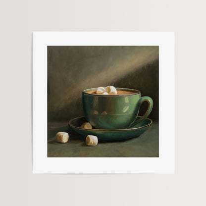 Cocoa & Marshmallows Fine Art Print by Lauren Pretorius: a green mug with marshmallows spilling out, placed on a surface with a shadow falling over part of the image.
