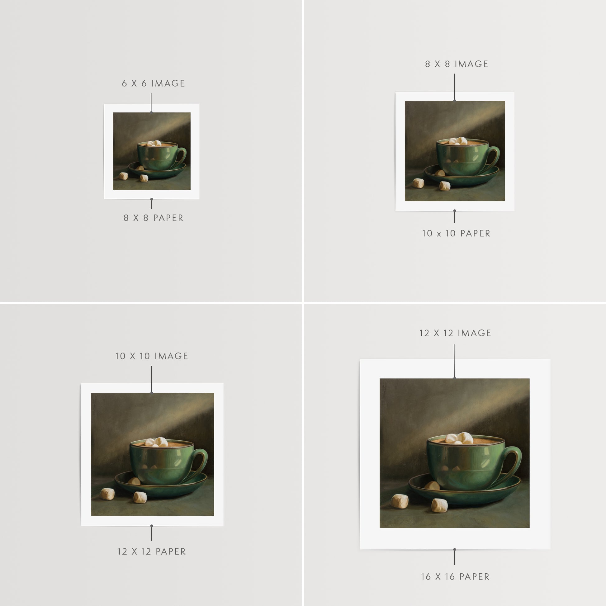 Cocoa & Marshmallows Fine Art Print by Lauren Pretorius: a green mug with marshmallows spilling out, placed on a surface with a shadow falling over part of the image.