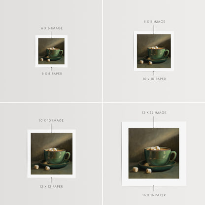 Cocoa & Marshmallows Fine Art Print by Lauren Pretorius: a green mug with marshmallows spilling out, placed on a surface with a shadow falling over part of the image.