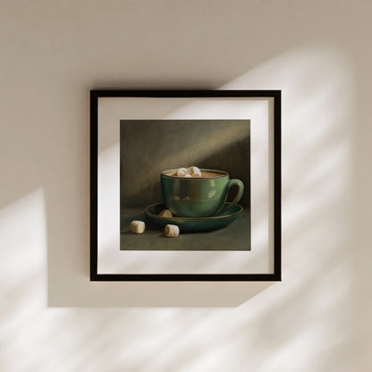 Cocoa & Marshmallows Fine Art Print by Lauren Pretorius: a green mug with marshmallows spilling out, placed on a surface with a shadow falling over part of the image.
