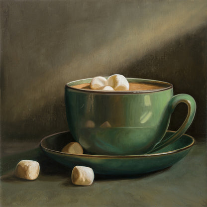 Cocoa & Marshmallows Fine Art Print by Lauren Pretorius: a green mug with marshmallows spilling out, placed on a surface with a shadow falling over part of the image.