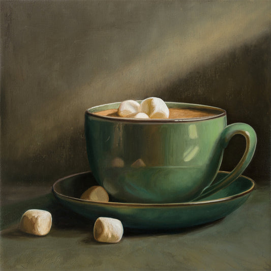 Cocoa & Marshmallows Fine Art Print by Lauren Pretorius: a green mug with marshmallows spilling out, placed on a surface with a shadow falling over part of the image.