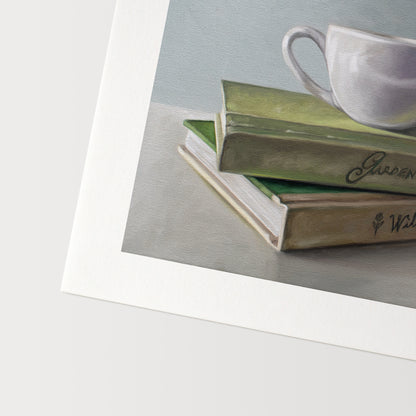 Coffee and Books Fine Art Print by Lauren Pretorius: The excitement of Spring just right around the corner inspired this piece… Since it’s yet still too cold to begin enjoying the weather outside we can at least still plan for warmer days ahead with a book about gardening and a good cup of coffee.