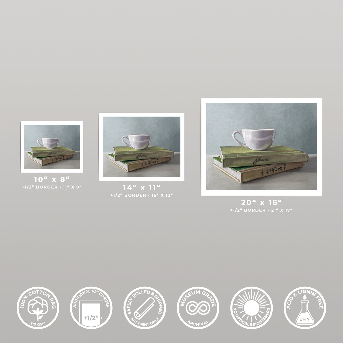 Fine art print of a white teacup on two green books, available in multiple sizes.
