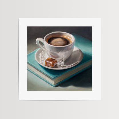 Coffee, Caramel & Books Fine Art Print by Lauren Pretorius: a white cup of coffee with a saucer on top of a book, with a piece of caramel on the saucer.