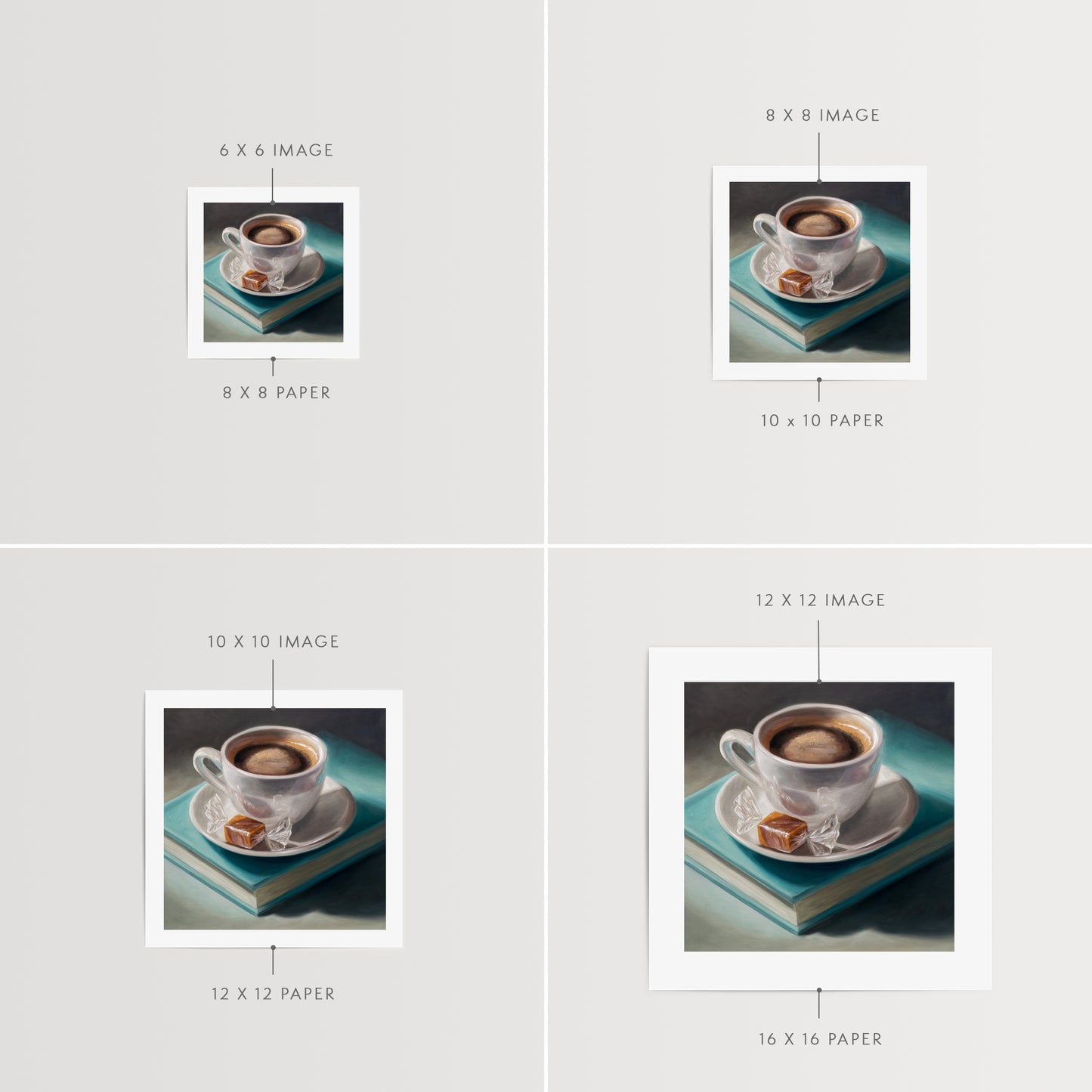 Coffee, Caramel & Books Fine Art Print by Lauren Pretorius: a white cup of coffee with a saucer on top of a book, with a piece of caramel on the saucer.