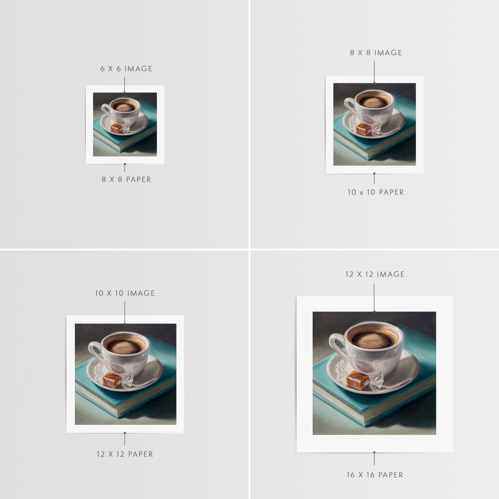 Coffee, Caramel & Books Fine Art Print by Lauren Pretorius: a white cup of coffee with a saucer on top of a book, with a piece of caramel on the saucer.