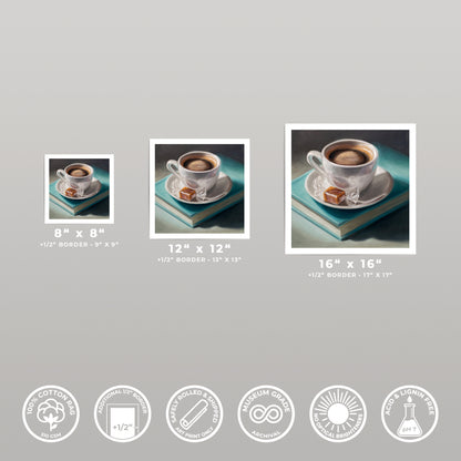 Fine art print of a white coffee cup with caramel on a blue book, available in 8x8, 12x12, and 16x16 sizes.