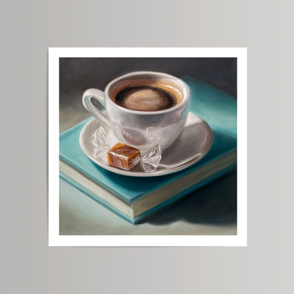 Fine art print of a white coffee cup with caramel candy on teal books.