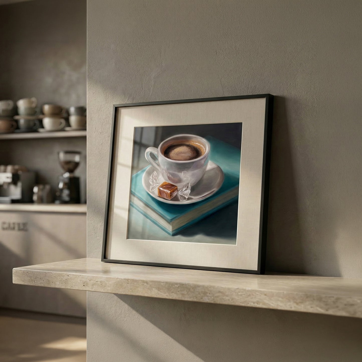 Framed fine art print of a white coffee cup with a caramel candy on a teal book.