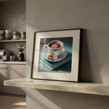 Framed fine art print of a white coffee cup with a caramel candy on a teal book.