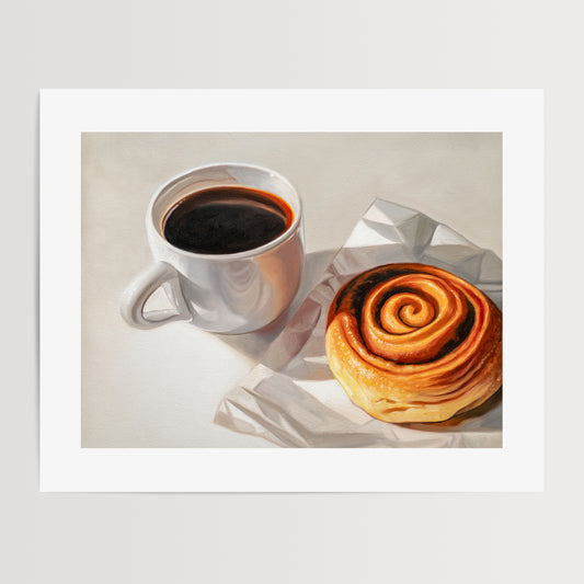 Coffee & Cinnamon Roll Fine Art Print by Lauren Pretorius: a cinnamon roll next to a cup of coffee.