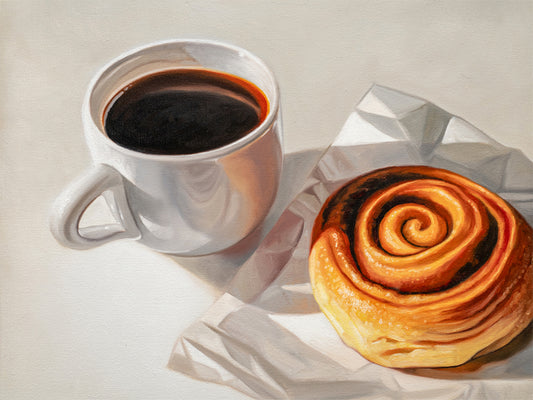 Coffee & Cinnamon Roll Fine Art Print by Lauren Pretorius: a cinnamon roll next to a cup of coffee.