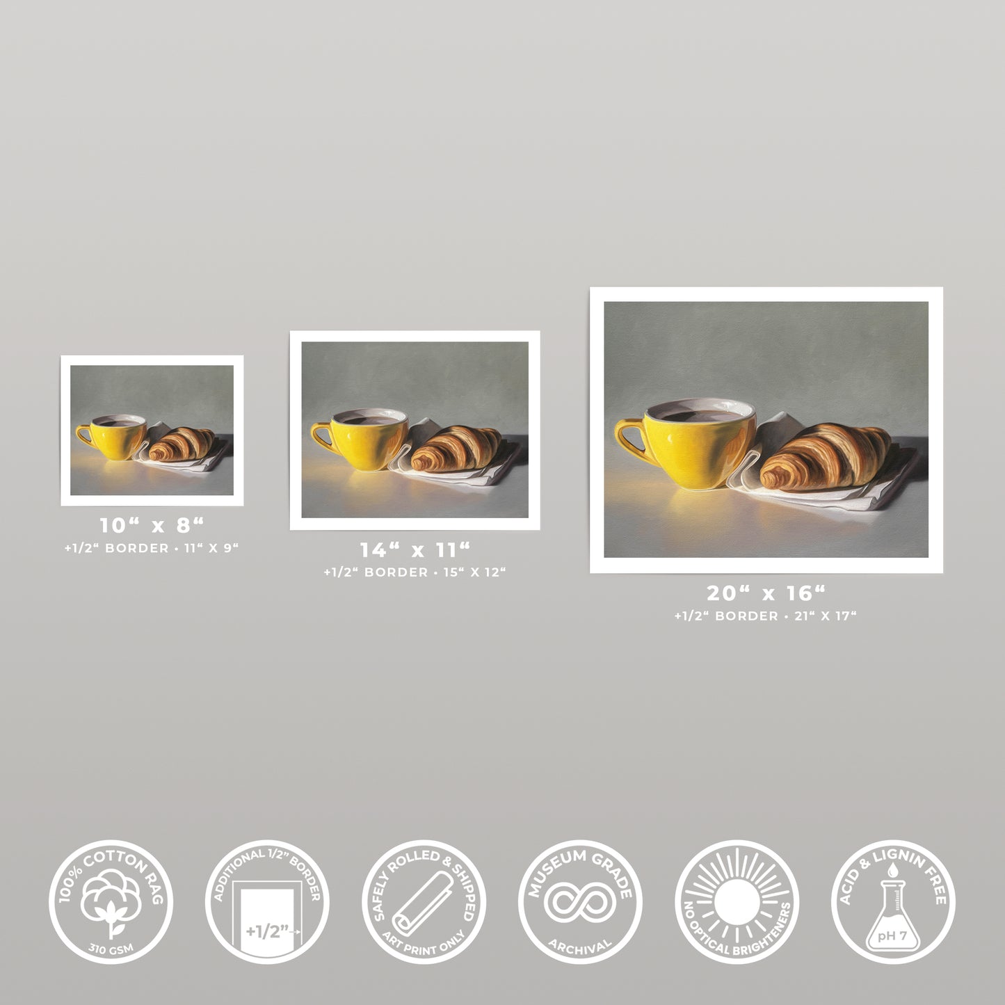 Three art prints of varying sizes, each depicting a yellow coffee cup and croissant on a white napkin.