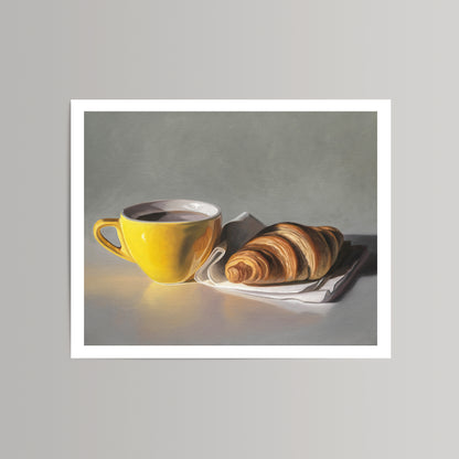 Still life art print of a bright yellow coffee cup with dark coffee and a golden croissant on a white napkin.
