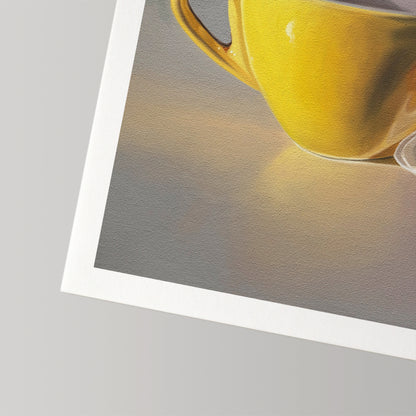 Vibrant fine art print of a yellow coffee cup on museum-grade cotton rag paper with a white border.