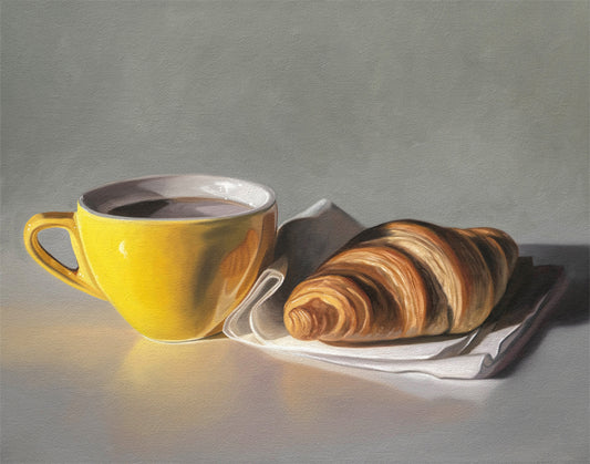 Still life painting of a bright yellow coffee cup with dark coffee and a golden-brown croissant on a white napkin.