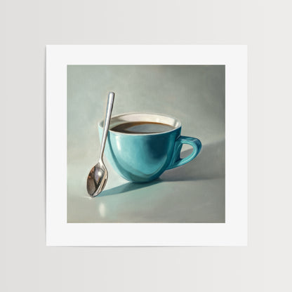 Coffee Cup & Spoon Fine Art Print by Lauren Pretorius: a blue cup of coffee with a spoon resting on the cup.