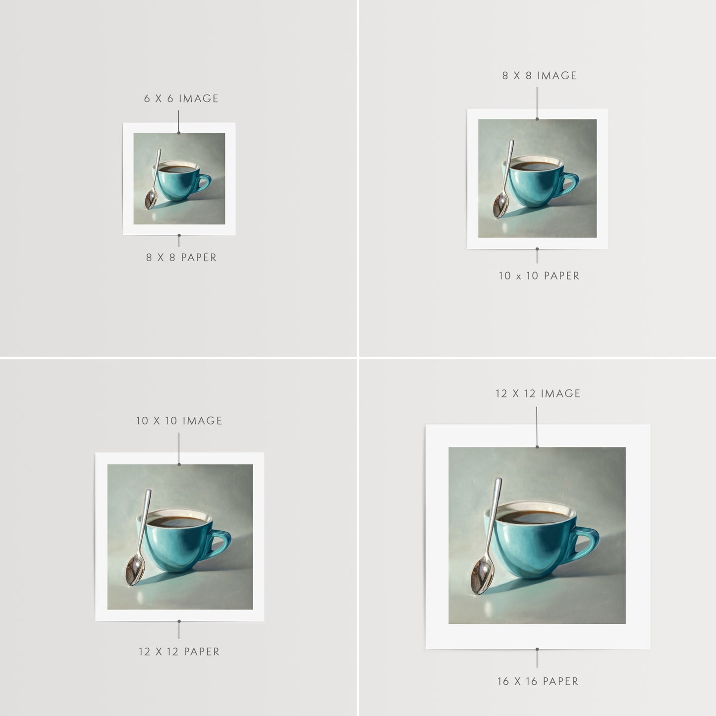 Coffee Cup & Spoon Fine Art Print by Lauren Pretorius: a blue cup of coffee with a spoon resting on the cup.