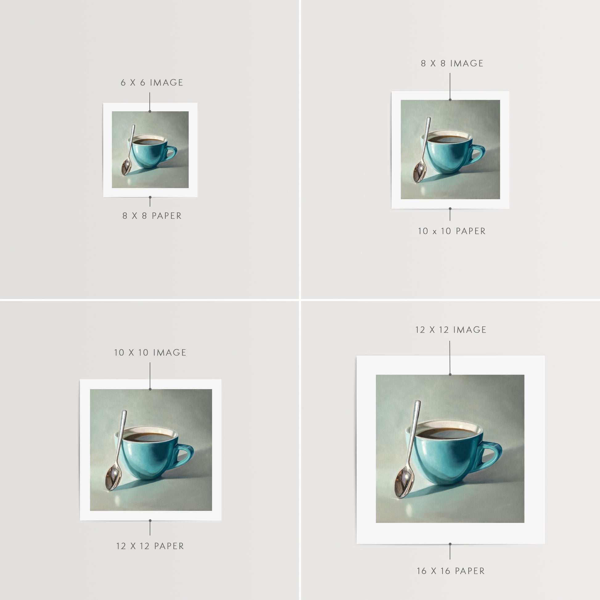 Coffee Cup & Spoon Fine Art Print by Lauren Pretorius: a blue cup of coffee with a spoon resting on the cup.