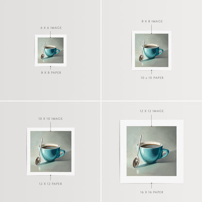 Coffee Cup & Spoon Fine Art Print by Lauren Pretorius: a blue cup of coffee with a spoon resting on the cup.