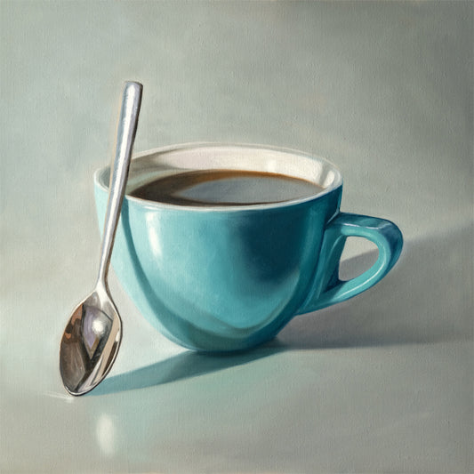Coffee Cup & Spoon Fine Art Print by Lauren Pretorius: a blue cup of coffee with a spoon resting on the cup.