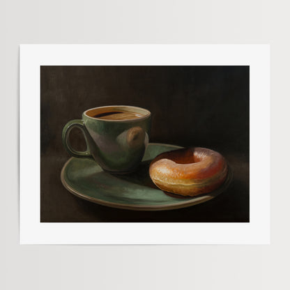 Coffee & Krispy Kreme Fine Art Print by Lauren Pretorius: a green mug with a cup of coffee and a doughnut on a matching green plate.