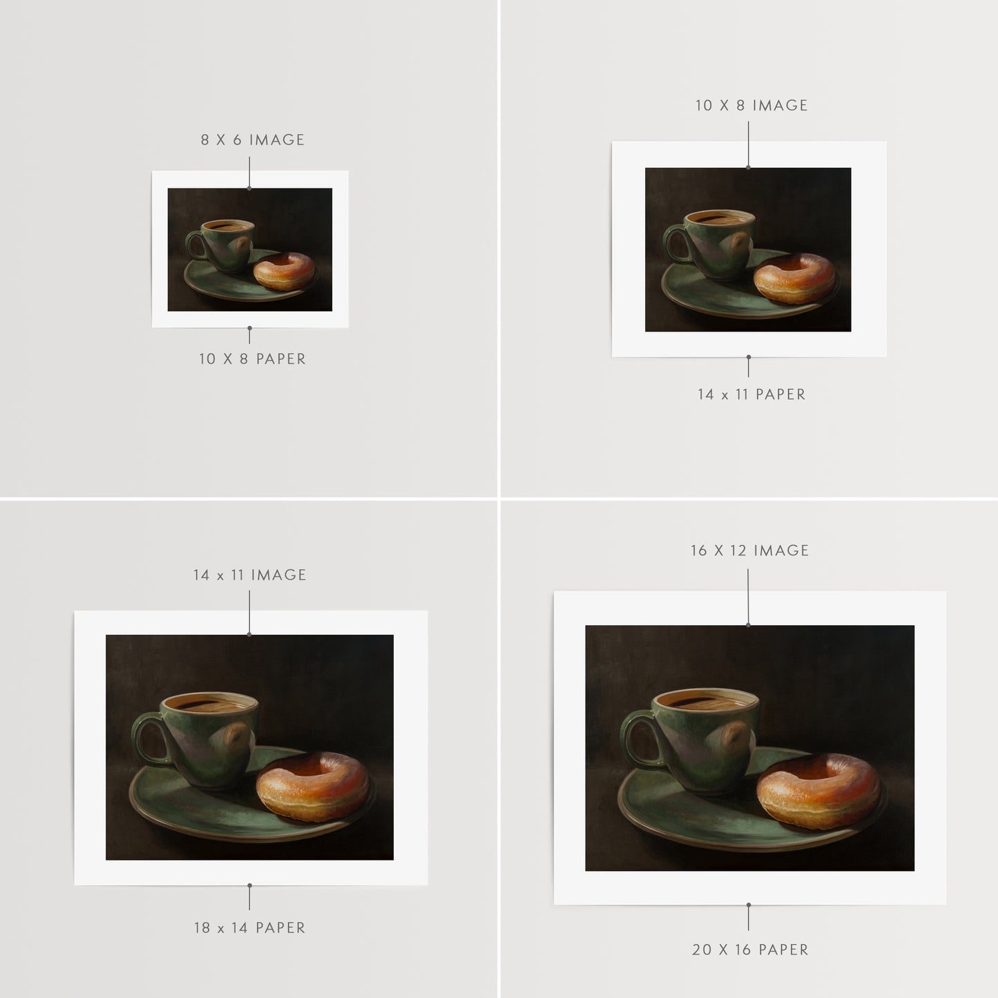 Coffee & Krispy Kreme Fine Art Print by Lauren Pretorius: a green mug with a cup of coffee and a doughnut on a matching green plate.