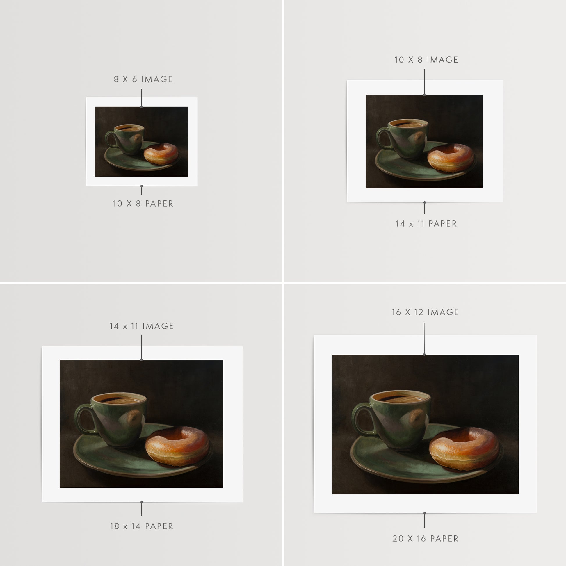 Coffee & Krispy Kreme Fine Art Print by Lauren Pretorius: a green mug with a cup of coffee and a doughnut on a matching green plate.