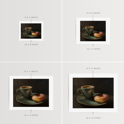 Coffee & Krispy Kreme Fine Art Print by Lauren Pretorius: a green mug with a cup of coffee and a doughnut on a matching green plate.