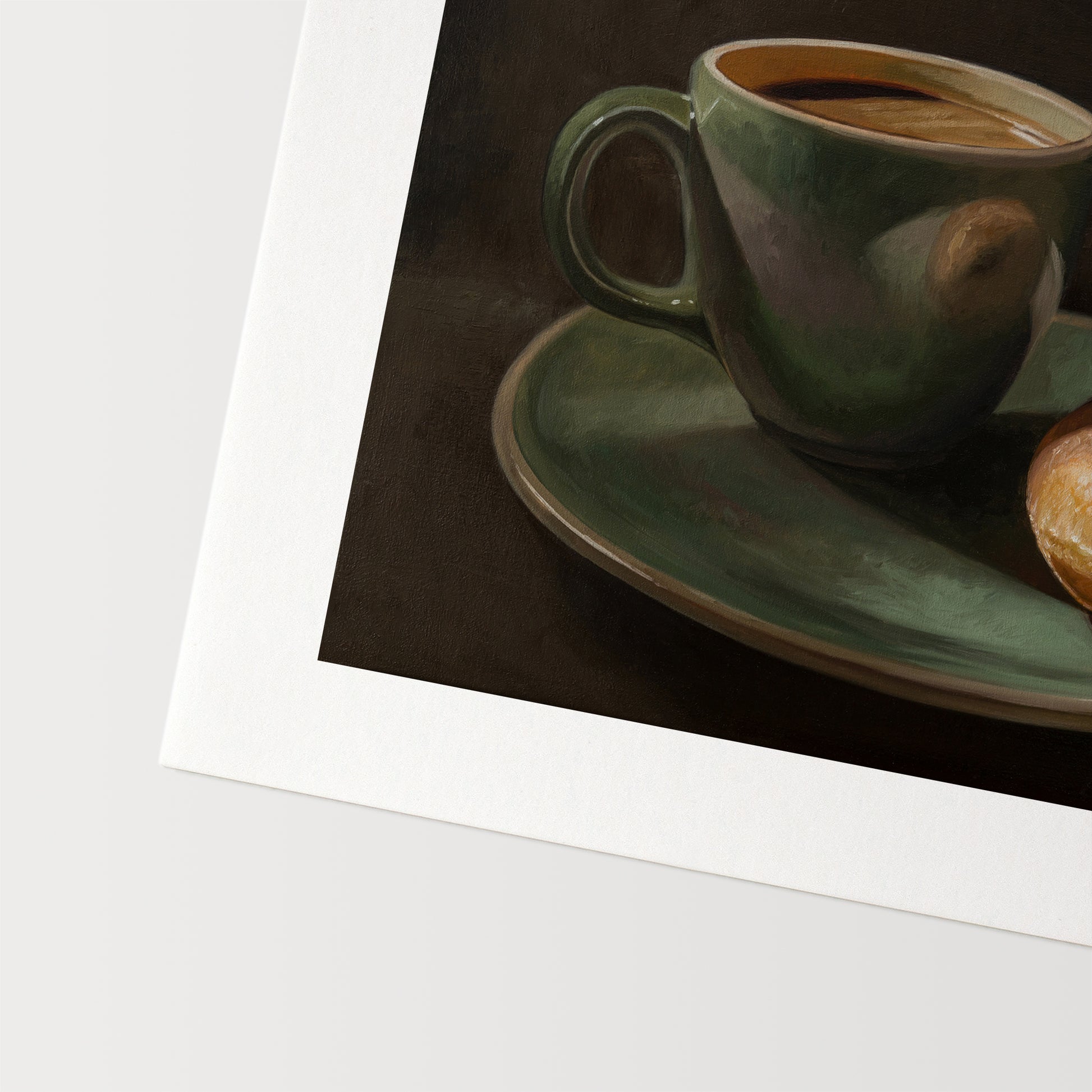 Coffee & Krispy Kreme Fine Art Print by Lauren Pretorius: a green mug with a cup of coffee and a doughnut on a matching green plate.