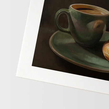 Coffee & Krispy Kreme Fine Art Print by Lauren Pretorius: a green mug with a cup of coffee and a doughnut on a matching green plate.