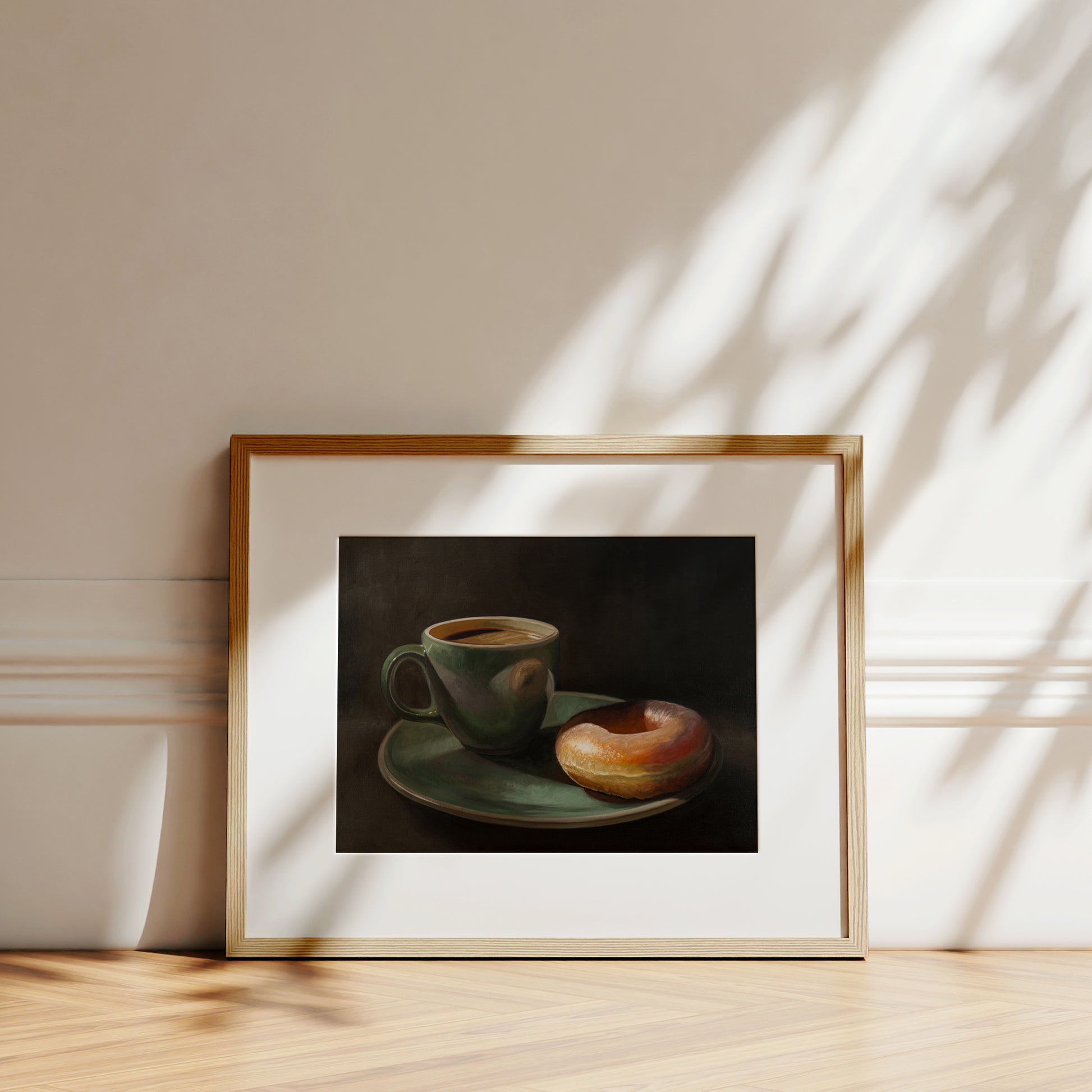 Coffee & Krispy Kreme Fine Art Print by Lauren Pretorius: a green mug with a cup of coffee and a doughnut on a matching green plate.