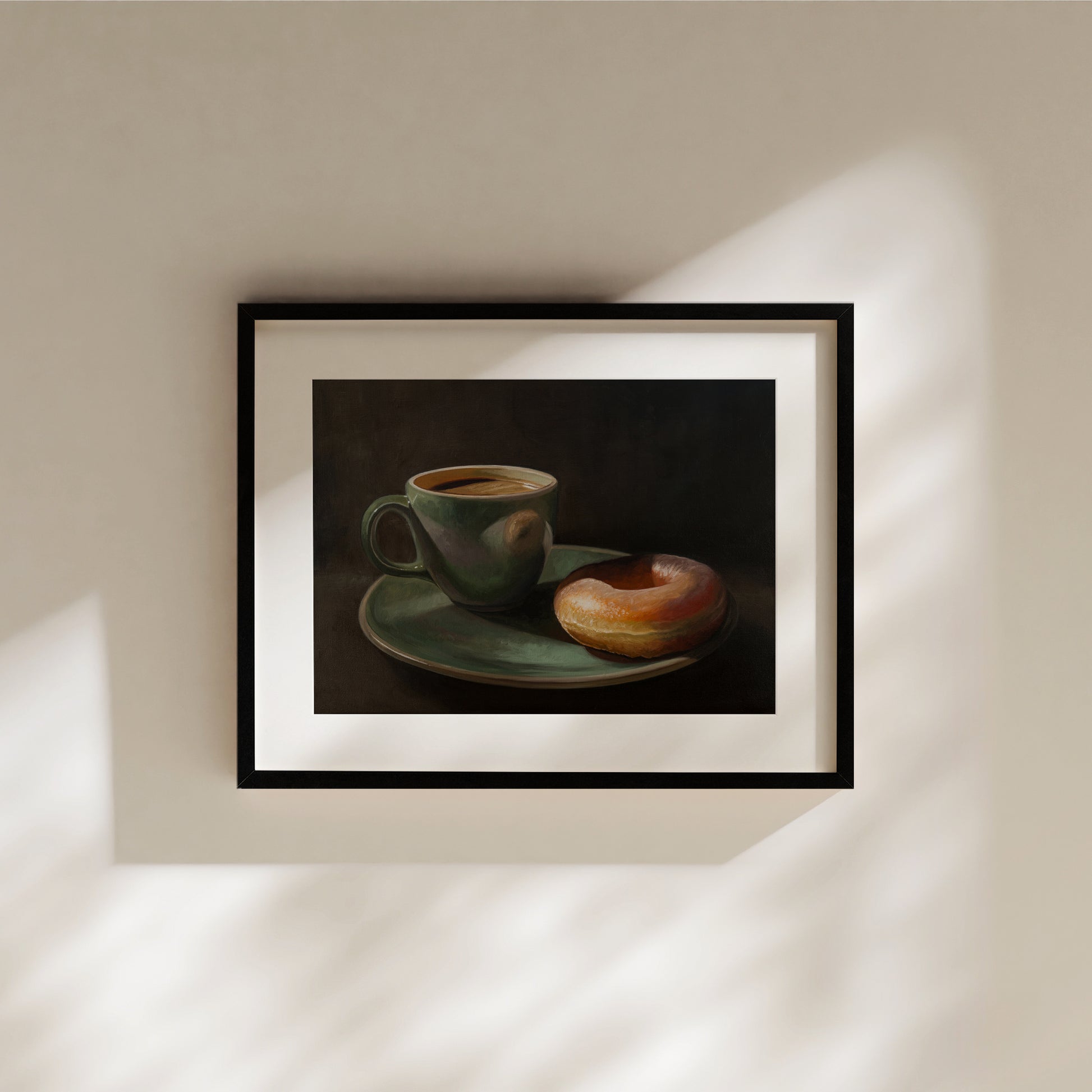 Coffee & Krispy Kreme Fine Art Print by Lauren Pretorius: a green mug with a cup of coffee and a doughnut on a matching green plate.