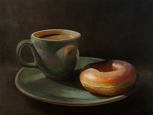 Coffee & Krispy Kreme Fine Art Print by Lauren Pretorius: a green mug with a cup of coffee and a doughnut on a matching green plate.