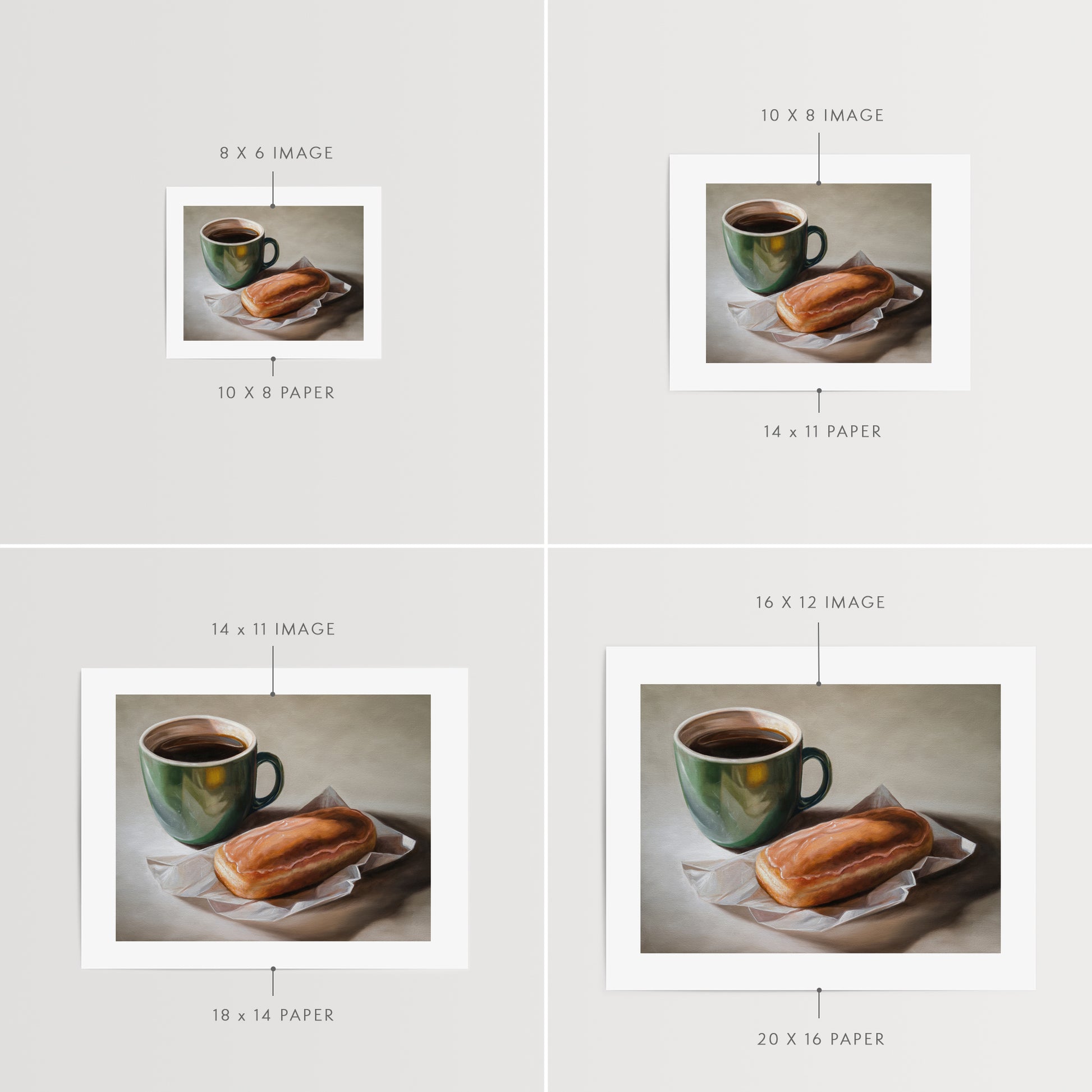 Coffee & Maple Bar Donut Fine Art Print by Lauren Pretorius: a coffee cup and a maple bar donut placed on a paper wrapper, with a cup of coffee.