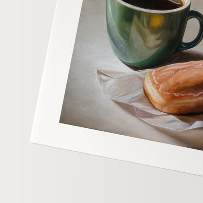 Coffee & Maple Bar Donut Fine Art Print by Lauren Pretorius: a coffee cup and a maple bar donut placed on a paper wrapper, with a cup of coffee.