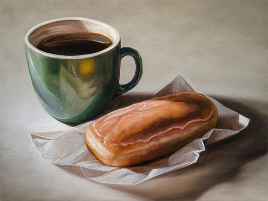 Coffee & Maple Bar Donut Fine Art Print by Lauren Pretorius: a coffee cup and a maple bar donut placed on a paper wrapper, with a cup of coffee.