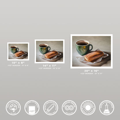 Coffee & Maple Bar Donut fine art print in three sizes, featuring a green mug and pastry on archival cotton rag paper.